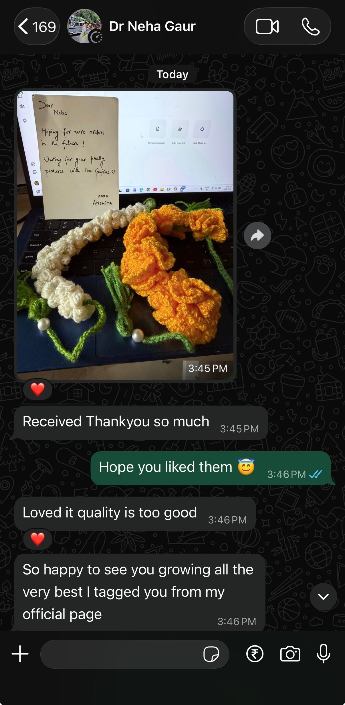 Customer feedback for handmade crochet flowers