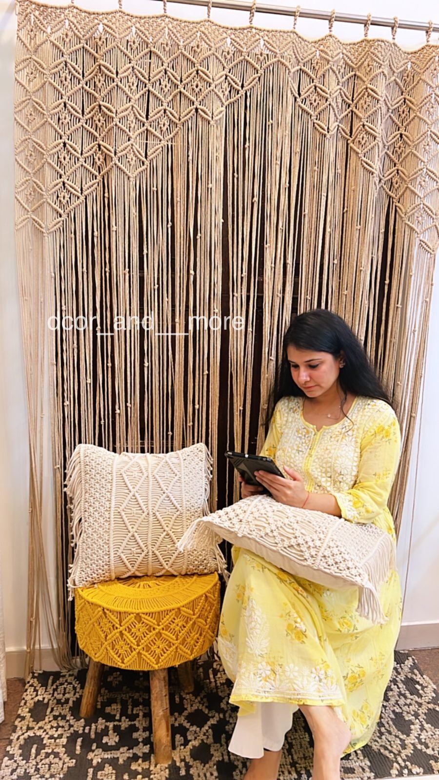 Styled corner with sand-yellow macramé stool