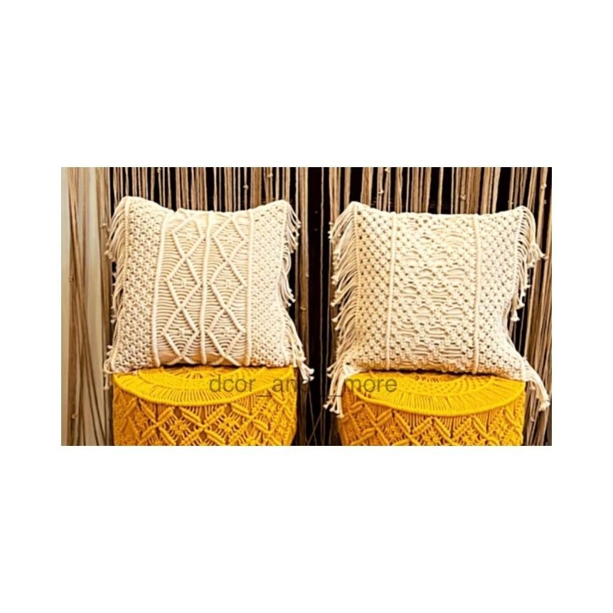 Macramé cushion covers on sand-yellow stools