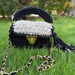 black and cream yarn bag