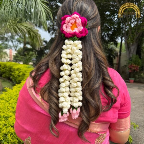 Lotus with Mogra crochet gajra worn in hair